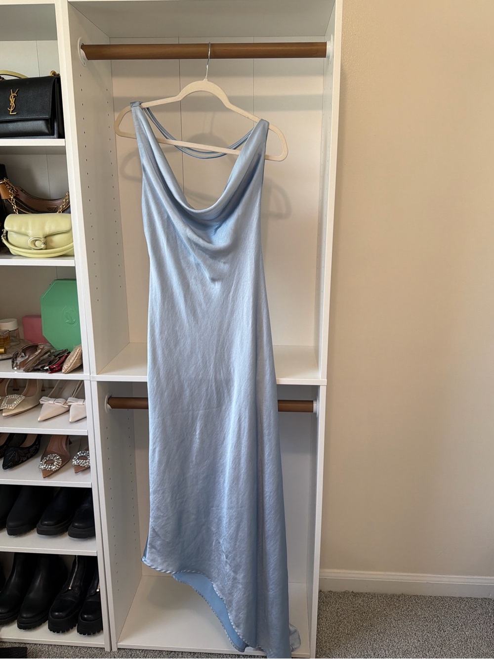 Light Blue Meshki Satin Cowl Neck Slip Dress